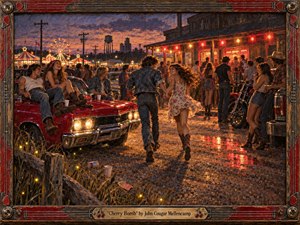 Kung Fu Hand Painting - A lively small-town summer night unfolds outside a glowing roadhouse, where young people gather around a cherry-red muscle car, motorcycles, and carnival lights. Warm reds, ambers, and dusky blues create a nostalgic, bittersweet mood. Textured oil-paint brushwork, reflective gravel, fireflies, vintage clothing, and a weathered guitar-themed frame deepen the handcrafted Americana atmosphere.