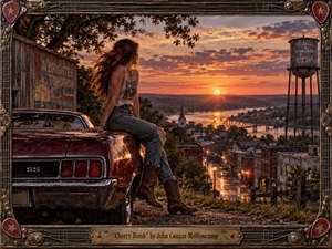 Kung Fu Hand Painting - A windswept young woman sits on a weathered maroon muscle car above a glowing small town at sunset. Warm orange and violet light reflects across the river, bridge, rooftops, and wet streets, creating nostalgic Americana mood. A richly distressed guitar-inspired metal frame, star details, and engraved title plate complete the handcrafted composition.