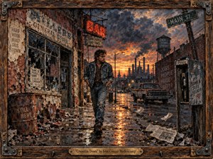 A rugged man in worn denim strides through a decaying small-town street at sunset, surrounded by cracked storefronts, a rusted pickup, factory smokestacks, scattered newspapers, and glowing neon. Moody rust, brown, blue, and orange tones, wet reflections, dramatic clouds, textured mixed-media brushwork, and a distressed wood-and-metal frame create gritty resilience.