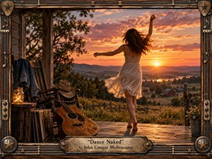 Kung Fu Hand Painting - A barefoot woman dances freely on a weathered farmhouse porch at sunset, surrounded by an acoustic guitar, rocking chair, records, wildflowers, and glowing mason jar. Warm amber and rose light fills the rural valley beyond, creating a nostalgic, liberated mood within a richly textured, handcrafted wood-and-metal musical frame.