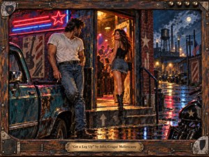 Kung Fu Hand Painting - A rugged man leans against a weathered pickup outside a neon-lit small-town bar as a confident woman glances back from the doorway. Rain-slick pavement reflects red, blue, and amber light beneath an industrial night sky. Rich oil-like textures, worn wood framing, motorcycles, brickwork, and glowing interiors create gritty, sensual Americana.