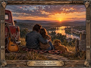 Kung Fu Hand Painting - A richly detailed Americana scene shows a couple and their dog seated on a grassy overlook beside a weathered red pickup and acoustic guitar, gazing across a glowing river valley at sunset. Warm amber, copper, and blue tones create nostalgic intimacy, while the handcrafted wood-and-metal frame and engraved title plate reinforce the rustic, timeless character.