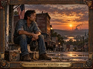 Kung Fu Hand Painting - A weathered working man sits thoughtfully outside a distressed small-town storefront at sunset, surrounded by a rusty pickup and worn tools. Rain-slick streets lead toward a river, bridge, church, and distant industrial skyline beneath glowing orange clouds. Rich bronze, amber, charcoal, and denim tones create a cinematic, handcrafted Americana mood of hardship, dignity, and resilience.