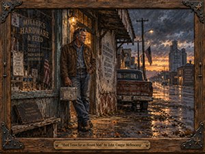 Kung Fu Hand Painting - A weathered working man stands outside a fading small-town hardware store at rain-soaked dusk, holding a battered lunch pail beside an aging pickup. Warm amber light contrasts with stormy blues and rusted browns, creating a mood of hardship and quiet resilience. Textured oil-paint realism and a rugged wooden frame reinforce the handcrafted Americana character.