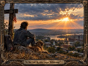 Kung Fu Hand Painting - A solitary man and his dog sit on a rocky overlook above a small river town at sunset, contemplating distant factories, bridges, and a church steeple. Golden rays pierce heavy blue-gray clouds, creating a reflective, spiritual mood. Photorealistic detail, weathered Americana textures, and a guitar-inspired metal frame deepen the sense of hardship, faith, and endurance.