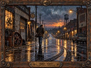 Kung Fu Hand Painting - A solitary man walks down a rain-soaked industrial main street at twilight, surrounded by weathered brick buildings, power lines, a water tower, and glowing streetlamps. Deep blues, rusted browns, and fiery orange reflections create a brooding, reflective mood. Textured painterly detail, wet pavement, machinery, and curved tracks reinforce themes of endurance and time.