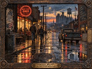 Kung Fu Hand Painting - A rain-soaked Midwestern town glows beneath a stormy twilight sky as weary workers walk past a warm neon diner and weathered pickup. Rust, amber, charcoal, and blue reflections deepen the melancholy mood. Rich oil-and-encaustic textures, industrial details, wheel motifs, and a distressed wood-and-metal frame evoke resilience, memory, and working-class endurance.
