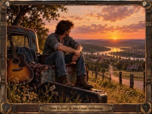 Kung Fu Hand Painting - A young guitarist sits thoughtfully in the weathered bed of an old pickup truck overlooking a river valley at sunset. An acoustic guitar, worn case, rustic fence, fields, town, and distant hills create a nostalgic Americana setting. Warm amber and copper light intensify the reflective mood, rendered in cinematic, highly detailed realism with handcrafted vintage frame accents.