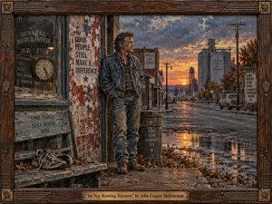 Kung Fu Hand Painting - A weathered man stands quietly outside an aging small-town storefront, facing a sunset-lit main street of silos, utility poles, and reflective pavement. Muted rust, denim blue, amber, and gray create a reflective, resolute mood. Painterly textures, peeling signs, discarded shoes, autumn leaves, and a guitar-inspired wooden frame deepen the Americana atmosphere.