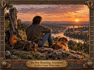 Kung Fu Hand Painting - A contemplative man and his dog sit on a rocky overlook above a winding river and small riverside town at sunset. A weathered acoustic guitar and travel bag suggest freedom and reflection. Warm amber, copper, and earthy tones fill the scene, rendered in cinematic, richly textured realism, framed with rustic wood, metal, and guitar-inspired decorative details.