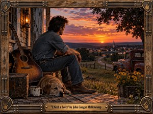 Kung Fu Hand Painting - A rugged man in denim sits quietly on a weathered farmhouse porch at sunset, overlooking a winding road and glowing small town. A worn acoustic guitar, old pickup truck, resting dog, wildflowers, and lantern deepen the nostalgic Americana mood. Warm amber, copper, and violet light create cinematic depth within a handcrafted rustic frame.