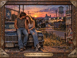 Kung Fu Hand Painting - A young couple rests closely on a weathered vintage car overlooking a small American town at sunset. Warm amber, rust, faded blue, and violet tones create a tender, nostalgic mood. Oil-like textures, glowing fairground lights, telephone poles, a water tower, and a distressed wooden-and-metal frame evoke fleeting youth and bittersweet memory.