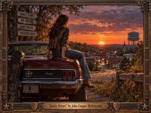 Kung Fu Hand Painting - A windswept young woman sits on a vintage maroon Mustang overlooking a quiet Midwestern town at sunset. Warm orange and copper light bathes the road, rooftops, church steeple, and water tower, creating a nostalgic, contemplative mood. The richly textured Americana painting features a weathered guitar case, rustic signs, and an ornate, handcrafted metallic frame.
