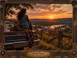 Kung Fu Hand Painting - A young woman in denim sits on the trunk of a weathered maroon car, gazing across a small river town at sunset. Warm amber light, rolling hills, a bridge, church steeple, wildflowers, and rustic fencing create a reflective Americana mood, framed by richly detailed wood, brass, and guitar-inspired ornamentation.