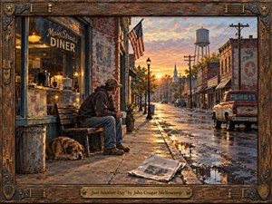 Kung Fu Hand Painting - A weary man and his dog rest outside a small-town diner as golden evening light spills across rain-slick streets. Warm amber, rust, blue, and weathered brick tones create a reflective, resilient mood. Rich oil-painted textures, vintage storefronts, a pickup, water tower, church steeple, and rustic guitar-accented frame deepen the Americana atmosphere.