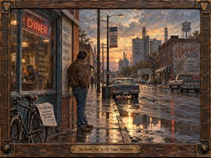 Kung Fu Hand Painting - A solitary man stands outside a weathered small-town diner after rain, gazing down a reflective main street at sunset. Warm amber light contrasts with cool gray-blue pavement, brick storefronts, grain silos, and aging vehicles. Detailed painterly textures, distressed wood framing, guitar-string accents, and nostalgic industrial scenery create a reflective, quietly weary Americana mood.