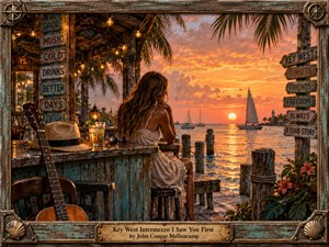 Kung Fu Hand Painting - A richly textured oil painting portrays a woman seated on a weathered Key West waterfront porch at sunset, gazing toward sailboats crossing luminous turquoise water. Warm amber and coral light fills the sky, contrasting with aged teal wood, rustic nautical details, palms, string lights, and a guitar. The mood is nostalgic, romantic, and quietly anticipatory.