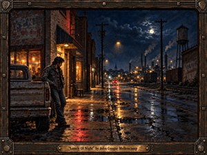 Kung Fu Hand Painting - A solitary man leans beside a weathered pickup on a rain-soaked industrial street, surrounded by brick buildings, rail lines, smokestacks, and a distant water tower. Warm tavern light contrasts with deep midnight blues, amber streetlamps, red reflections, and moonlit clouds, creating a lonely, restless, cinematic oil-painted atmosphere.