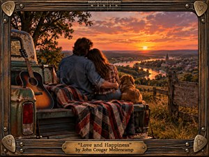 Kung Fu Hand Painting - A couple and their dog sit in an aged pickup overlooking a glowing river valley at sunset. Warm amber, orange, and rose light bathes rolling hills, a distant town, and reflective water. Painterly realism, weathered textures, acoustic guitar, woven blanket, rustic frame, and engraved title plate create nostalgic warmth, romance, and contentment.