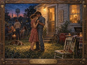 Kung Fu Hand Painting - A couple dances closely in a firefly-lit small-town backyard at twilight, surrounded by friends, a weathered farmhouse, bicycle, old chair, and glowing windows. Warm amber light contrasts with deep blue evening skies, creating a tender, nostalgic mood. Painterly textures, rustic details, and a carved wooden frame enhance the handcrafted Americana atmosphere.
