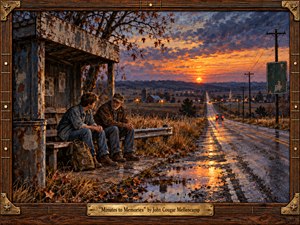 Kung Fu Hand Painting - A young traveler and an older man share a quiet roadside moment beside a rain-darkened rural highway at sunset. Warm amber light reflects across puddles toward distant farms and town lights beneath violet-blue clouds. Rich oil-paint textures, weathered wood, autumn grasses, telephone poles, and a guitar-inspired brass-and-walnut frame create a nostalgic Americana mood.