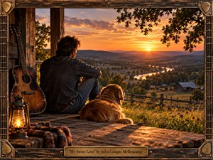 Kung Fu Hand Painting - A denim-clad man and golden retriever rest on a weathered porch overlooking a winding river, farmland, and distant hills at sunset. Warm amber light, deep rustic browns, and glowing clouds create a tender, nostalgic mood. A worn guitar, lantern, wooden frame, brass accents, and engraved title plate complete the cinematic Americana scene.