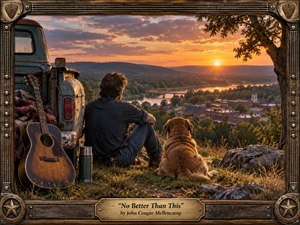 Kung Fu Hand Painting - A contemplative man and loyal golden-brown dog sit beside a weathered vintage pickup and acoustic guitar, overlooking a river town at sunset. Warm amber light illuminates rolling hills, bridge, church steeple, and textured grass. Rustic wood and metal framing surrounds the cinematic Americana scene, emphasizing nostalgia, companionship, freedom, and quiet contentment.