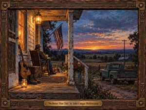 Kung Fu Hand Painting - A weathered farmhouse porch overlooks quiet fields beneath a glowing rural sunset, where a solitary man rests beside an acoustic guitar, worn boots, sleeping dog, and old pickup truck. Warm amber lantern light contrasts with cool blue-violet skies. Rich oil-and-encaustic textures and a carved wood-and-bronze frame create a nostalgic, handcrafted Americana mood.