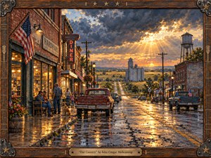 Kung Fu Hand Painting - A weathered American main street glows after rain beneath a dramatic golden sunset, where townspeople, vintage trucks, brick storefronts, grain silos, and a distant water tower create a grounded rural scene. Rich amber light reflects across cracked pavement, blending realism and painterly texture with a hopeful, nostalgic, resilient atmosphere.