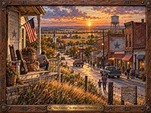Kung Fu Hand Painting - A richly textured Americana painting overlooks a small Midwestern town at sunset, where a man and dog rest on a weathered porch above Main Street, farms, church steeples, and distant fields. Warm gold, rust, blue, and green tones glow beneath dramatic clouds, framed by carved wood, metal stars, and guitar-inspired details.