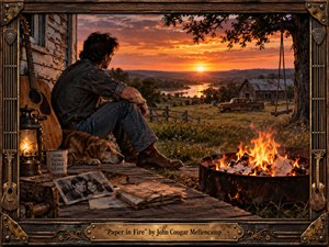 Kung Fu Hand Painting - A weathered farmhouse porch overlooks rolling fields and a winding river beneath a dramatic orange sunset. A contemplative man and his dog sit beside a glowing fire consuming old papers and photographs. Rustic wood, brass hardware, guitar, lantern, vintage truck, and barn create a nostalgic Americana atmosphere, rendered with cinematic realism and rich tactile detail.