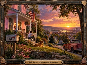 Kung Fu Hand Painting - A richly detailed Americana scene overlooks a small river town at golden hour, centered on a weathered pink house, porch, flowers, dog, contemplative figure, and battered red pickup. Warm pink, amber, green, and blue tones fill the landscape, while dramatic sunset light creates depth. A handcrafted guitar-inspired metal frame surrounds the nostalgic painted composition.