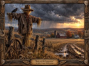 Kung Fu Hand Painting - A weathered scarecrow stands beside a broken fence in a rain-soaked autumn cornfield, its tattered clothing glowing against dark storm clouds. A crow perches on its arm as muddy tracks lead toward a red barn, silo, farmhouse, and distant hills. Warm golden sunlight pierces the storm, creating dramatic contrast in a richly textured Americana painting.