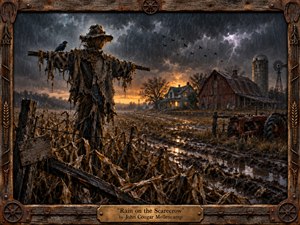 Kung Fu Hand Painting - A battered scarecrow stands over a rain-soaked cornfield beneath brooding storm clouds, watching a weathered farmhouse, barn, silo, and rusted tractor. Muddy browns, charcoal grays, and amber window light create a mournful rural atmosphere. Painterly mixed-media textures, distant lightning, circling crows, and a handcrafted wooden-metal frame deepen the sense of hardship and endurance.