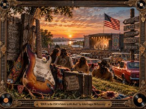 Kung Fu Hand Painting - A vibrant 1960s-inspired rock festival unfolds at sunset, overlooking a river and distant city skyline. Warm orange light illuminates a packed crowd, vintage cars, colorful buses, peace symbols, and a weathered electric guitar. Richly textured realism, nostalgic Americana, ornate musical framing, and handcrafted details create an energetic, celebratory mood.