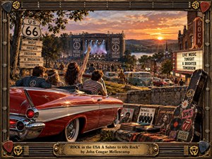 Kung Fu Hand Painting - A richly detailed 1960s Americana rock scene unfolds at sunset, with a gleaming red convertible overlooking a lively outdoor concert, vintage cars, a small-town main street, Route 66 imagery, records, and a decorated guitar case. Warm gold, crimson, and amber tones create nostalgic energy, while realistic textures and handcrafted framing evoke a classic musical keepsake.