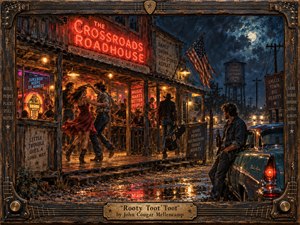 Kung Fu Hand Painting - A lively roadside roadhouse glows beneath a stormy moonlit sky, where dancers spin in warm amber light as neon signs reflect across rain-soaked pavement. A solitary man leans beside a vintage car, adding wistful tension. Richly textured painterly detail, weathered wood, deep blues, reds, and handcrafted musical framing create nostalgic Americana.
