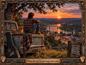 Kung Fu Hand Painting - A weathered young man and his golden dog rest beside an old teal pickup overlooking a glowing river town at sunset. Warm orange and purple light bathes rolling hills, bridge, water, and church steeple. Rustic guitar-themed framing, carved wood, metalwork, and a vintage guitar case create a handcrafted Americana atmosphere of reflection and freedom.