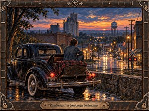 Kung Fu Hand Painting - A nostalgic, cinematic painting shows a lone young man sitting in the rumble seat of a weathered 1930s coupe, overlooking a rain-slick small town at sunset. Warm streetlights shimmer across wet streets beneath glowing orange and blue skies, while a rustic guitar-themed frame and engraved title plate deepen the handcrafted Americana mood.