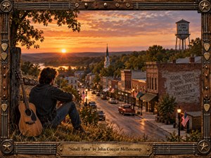 Kung Fu Hand Painting - A contemplative young man with an acoustic guitar sits above a warmly lit Midwestern town at sunset, overlooking brick storefronts, a church steeple, water tower, tree-lined hills, and quiet streets. Golden orange light deepens into purple clouds, creating nostalgic Americana atmosphere. Rustic wood, metal, guitar strings, and engraved details form an integrated handcrafted frame.