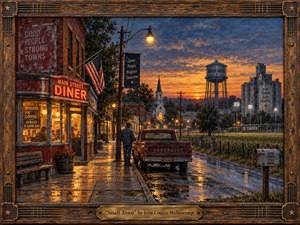 Kung Fu Hand Painting - A rain-washed Midwestern main street glows beneath a fiery twilight sky, where a lone figure stands beside an aging pickup near a warm diner. Rustic brick storefronts, a church steeple, water tower, cornfields, and stadium lights create nostalgic intimacy. Rich amber reflections and weathered textures give the scene handcrafted Americana warmth.
