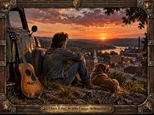A weathered man in denim sits beside an old pickup, acoustic guitar, and loyal dog, overlooking a small industrial river town at sunset. Warm orange and amber light floods brick buildings, bridges, hills, and smokestacks, creating a reflective Americana mood. A rustic wood-and-metal musical frame completes the richly cinematic, handcrafted composition.
