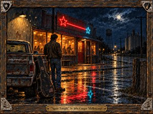 A solitary man stands beside a battered pickup and guitar case outside a glowing roadside bar on a rain-soaked small-town night. Warm amber windows contrast with deep blue storm clouds, red and turquoise neon reflections, and moonlit pavement. Textured oil-paint brushwork, weathered wood, distant silos, and a rugged musical frame create wistful Americana melancholy.