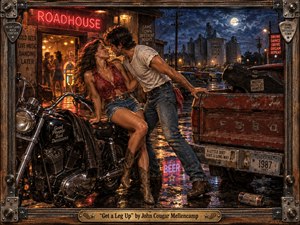 A flirtatious couple leans together beside a chrome motorcycle and weathered pickup outside a neon-lit roadhouse on a rainy Midwestern night. Warm reds, amber lights, deep blues, and reflective pavement create a restless, romantic mood. Textured oil-on-wood brushwork, industrial silhouettes, vintage vehicles, and a rugged guitar-inspired frame reinforce the heartland rock atmosphere.