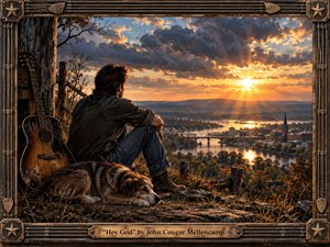 Kung Fu Hand Painting - A solitary man and loyal dog rest on a rocky hillside overlooking a river town at sunset. A weathered acoustic guitar leans nearby, while bridges, trees, distant hills, and a church steeple fill the expansive landscape. Golden light breaks through dramatic clouds, creating a reflective, nostalgic mood in richly textured Americana painting.