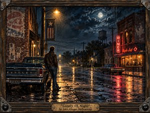 A solitary man stands beside a weathered pickup on a rain-slicked small-town street, gazing toward a glowing diner beneath a moonlit, stormy sky. Deep blues, amber streetlights, and red neon reflections create a lonely, nostalgic mood. Painterly textures, rustic architecture, and a guitar-inspired frame evoke gritty 1980s heartland Americana.