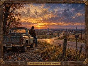 A weathered man rests beside a rusted blue pickup overlooking a winding rural road at sunset, surrounded by autumn fields, fences, poles, and distant town lights. Warm gold, amber, rust, and twilight blue create a reflective mood, while ghostlike memories in the painted sky deepen the handcrafted, nostalgic oil-painting atmosphere.