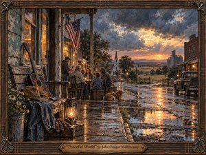 A richly textured rustic painting shows neighbors gathered on a weathered small-town porch after rain, facing a glowing sunset over a church, fields, and distant grain silos. Warm lantern light, wet reflective streets, an old guitar, pickup truck, dog, and ornate carved frame create a nostalgic, peaceful, quietly hopeful atmosphere.
