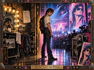 A weary pop singer stands between a cluttered backstage dressing room and a dazzling arena, caught between private doubt and manufactured stardom. Warm amber bulbs contrast with electric magenta, blue, and violet stage light. Textured painterly surfaces, mirrored reflections, road cases, posters, confetti, and a handcrafted musical frame deepen the moody 1980s atmosphere.