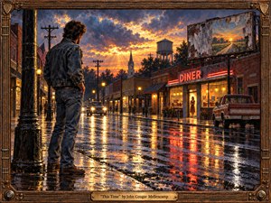 Kung Fu Hand Painting - A lone denim-clad man stands on a rain-soaked small-town street at dusk, facing a warmly lit diner and a distant woman in the doorway. Golden sunset breaks through storm clouds, reflecting across wet pavement in amber, red, and blue. Rich oil-paint textures, vintage architecture, and a carved wooden frame create nostalgic, hopeful tension.
